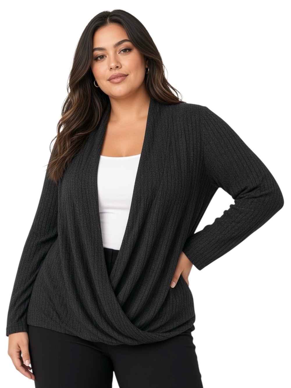 Draped Open-Front Plus-Size Sweater Cardigan - Black
